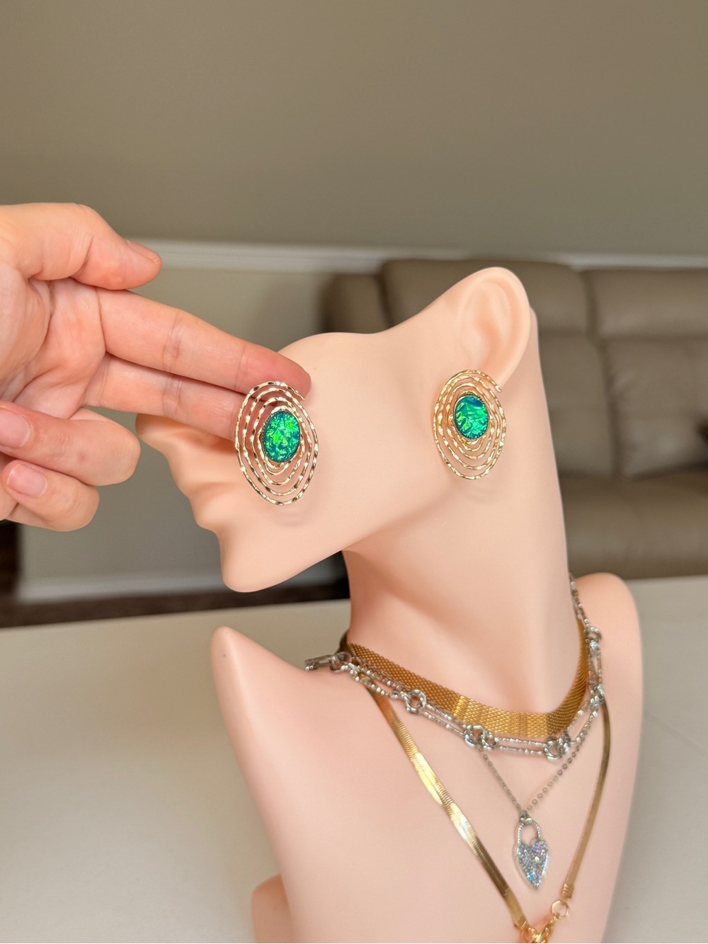 Gold-Tone Earrings with Green Opal Center - Women Jewelry - Picture 7 of 11